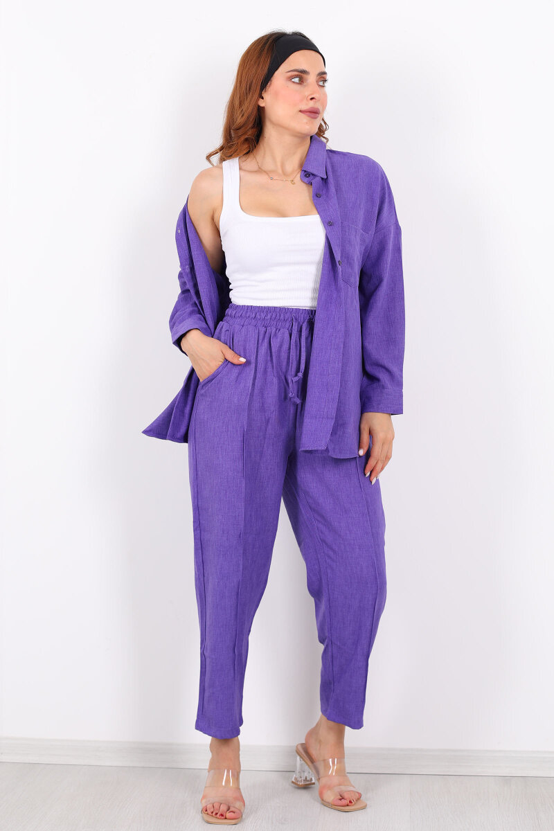 Önü Çimalı Keten Eflatun Kadın Gömlek Takım - 7