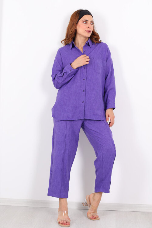 Önü Çimalı Keten Eflatun Kadın Gömlek Takım - 4