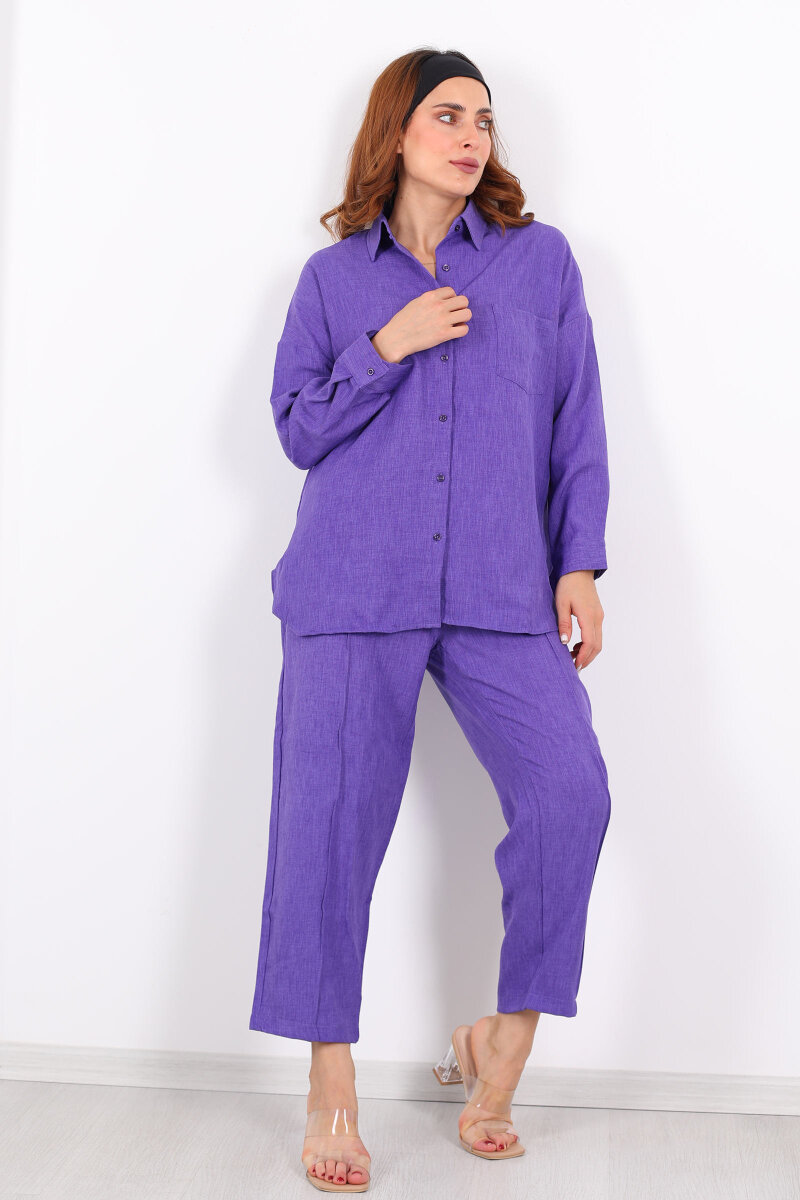 Önü Çimalı Keten Eflatun Kadın Gömlek Takım - 4