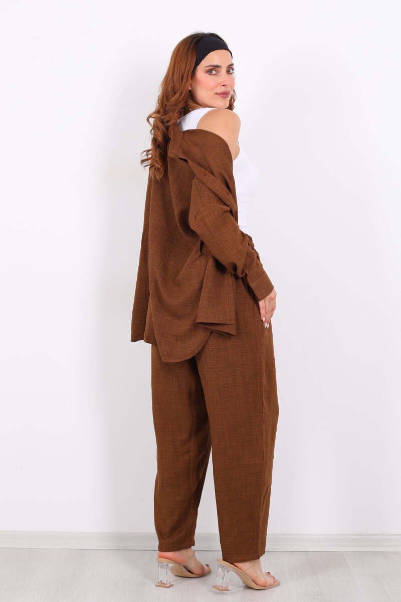 Önü Çimalı Keten Kahverengi Kadın Gömlek Takım - 2