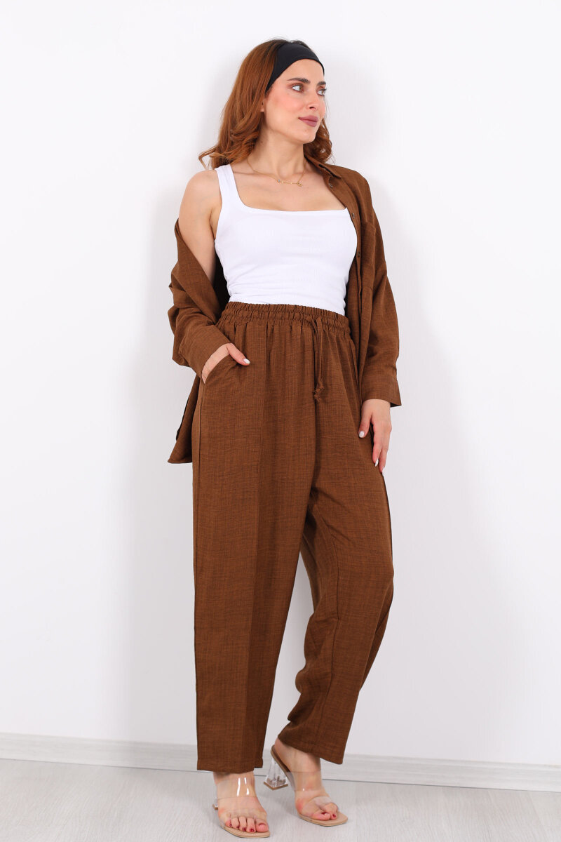 Önü Çimalı Keten Kahverengi Kadın Gömlek Takım - 6