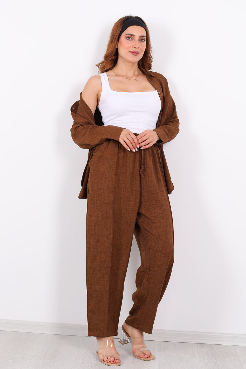 Önü Çimalı Keten Kahverengi Kadın Gömlek Takım - 4