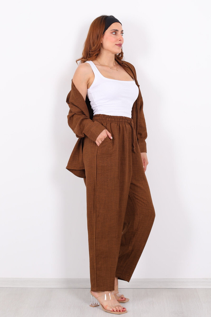 Önü Çimalı Keten Kahverengi Kadın Gömlek Takım - 3