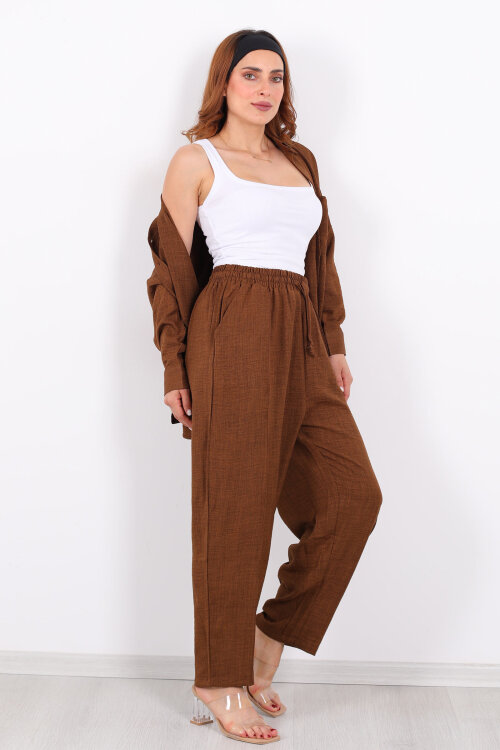 Önü Çimalı Keten Kahverengi Kadın Gömlek Takım - 7