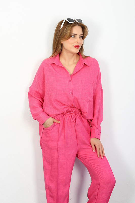 Önü Çimalı Keten Pembe Kadın Gömlek Takım - 3