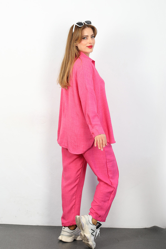 Önü Çimalı Keten Pembe Kadın Gömlek Takım - 5