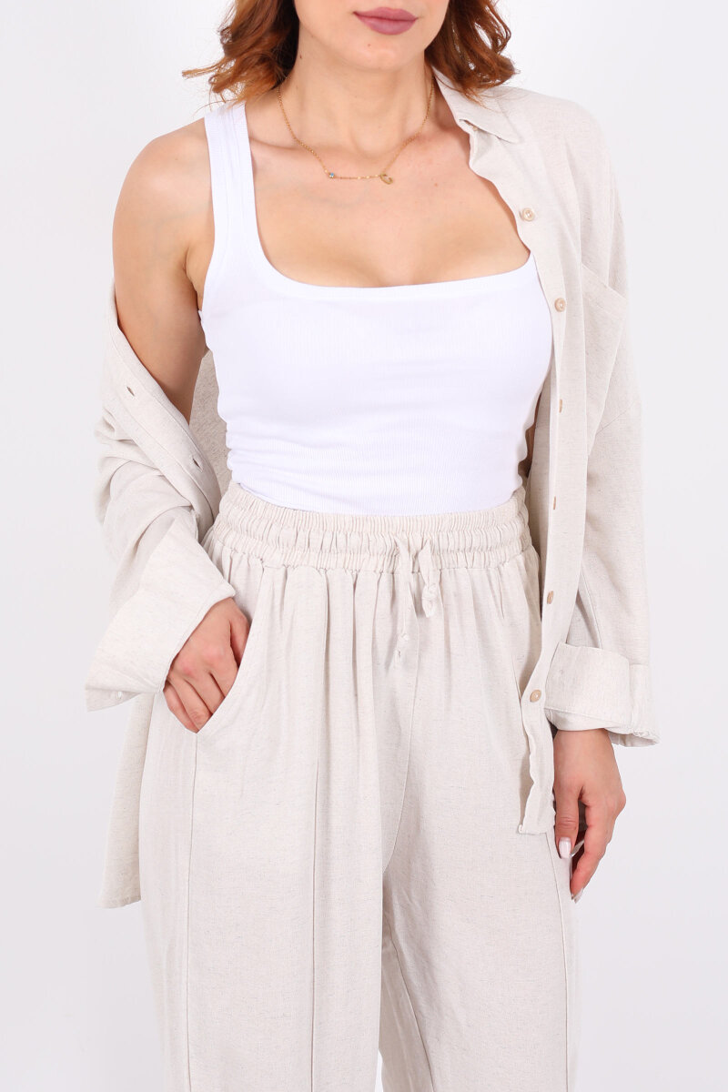 Önü Çimalı Keten Taş Rengi Kadın Gömlek Takım - 2