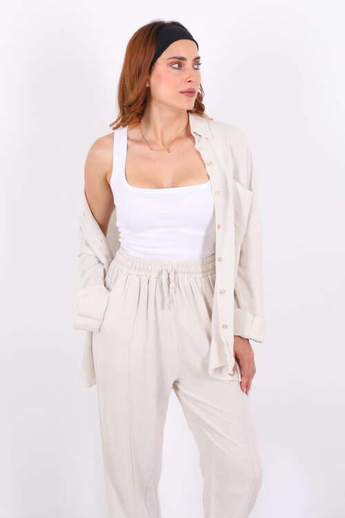 Önü Çimalı Keten Taş Rengi Kadın Gömlek Takım - Berox