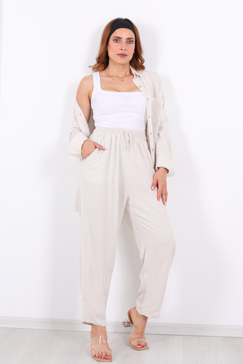 Önü Çimalı Keten Taş Rengi Kadın Gömlek Takım - 7