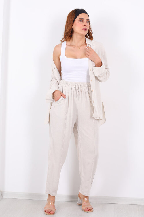 Önü Çimalı Keten Taş Rengi Kadın Gömlek Takım - 4