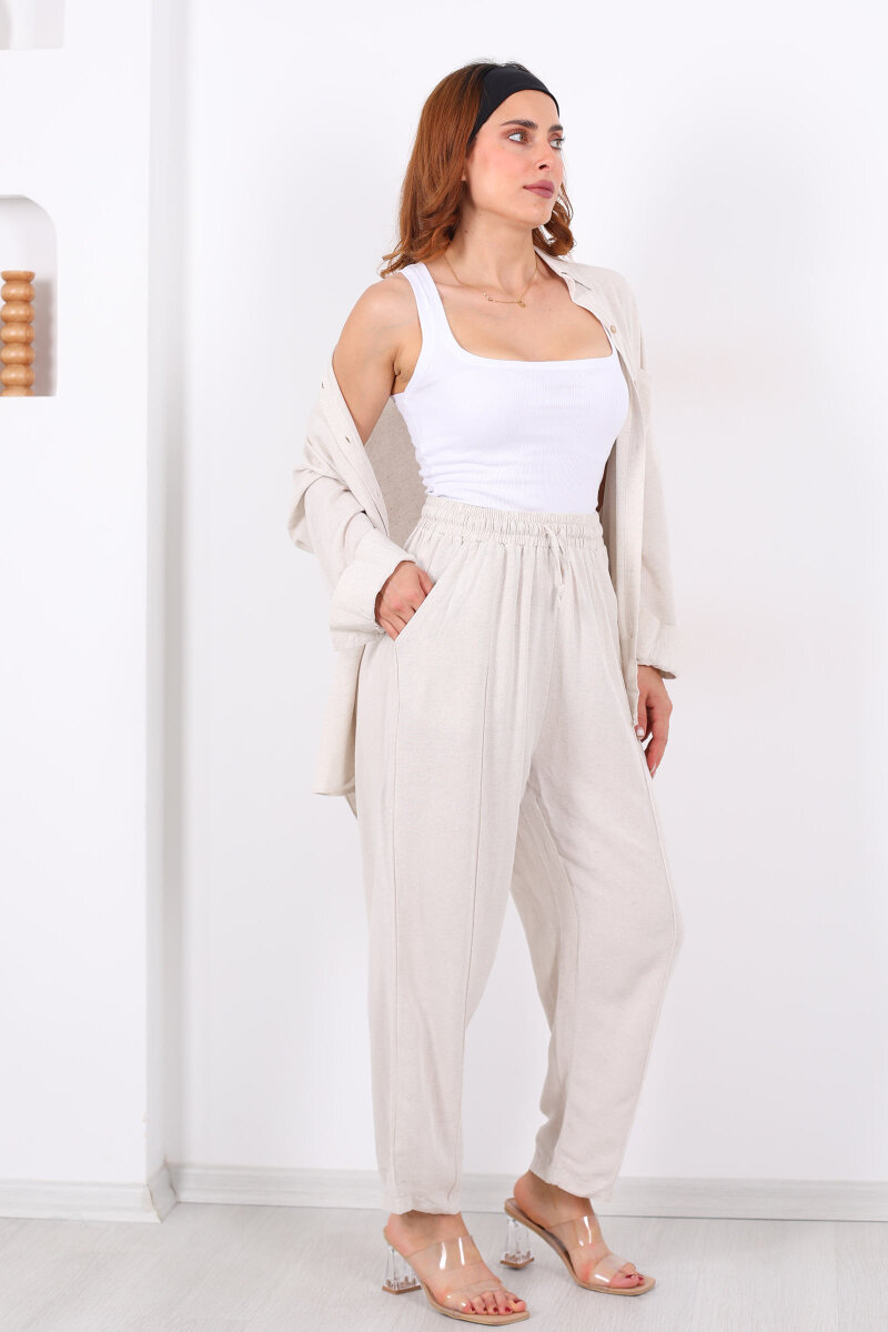 Önü Çimalı Keten Taş Rengi Kadın Gömlek Takım - 3