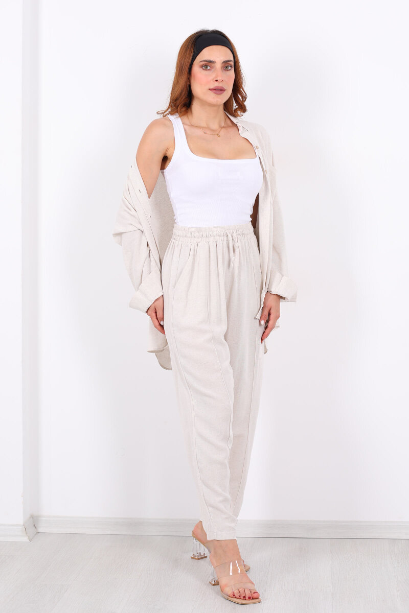 Önü Çimalı Keten Taş Rengi Kadın Gömlek Takım - 6