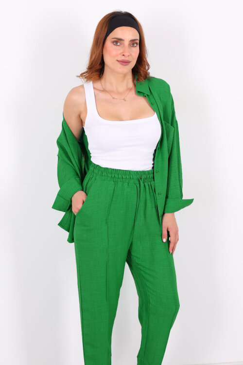 Önü Çimalı Keten Yeşil Kadın Gömlek Takım - 3