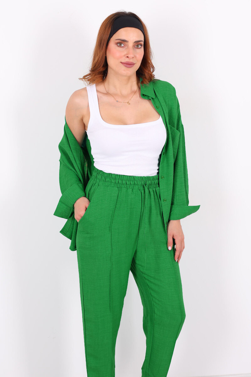 Önü Çimalı Keten Yeşil Kadın Gömlek Takım - 3
