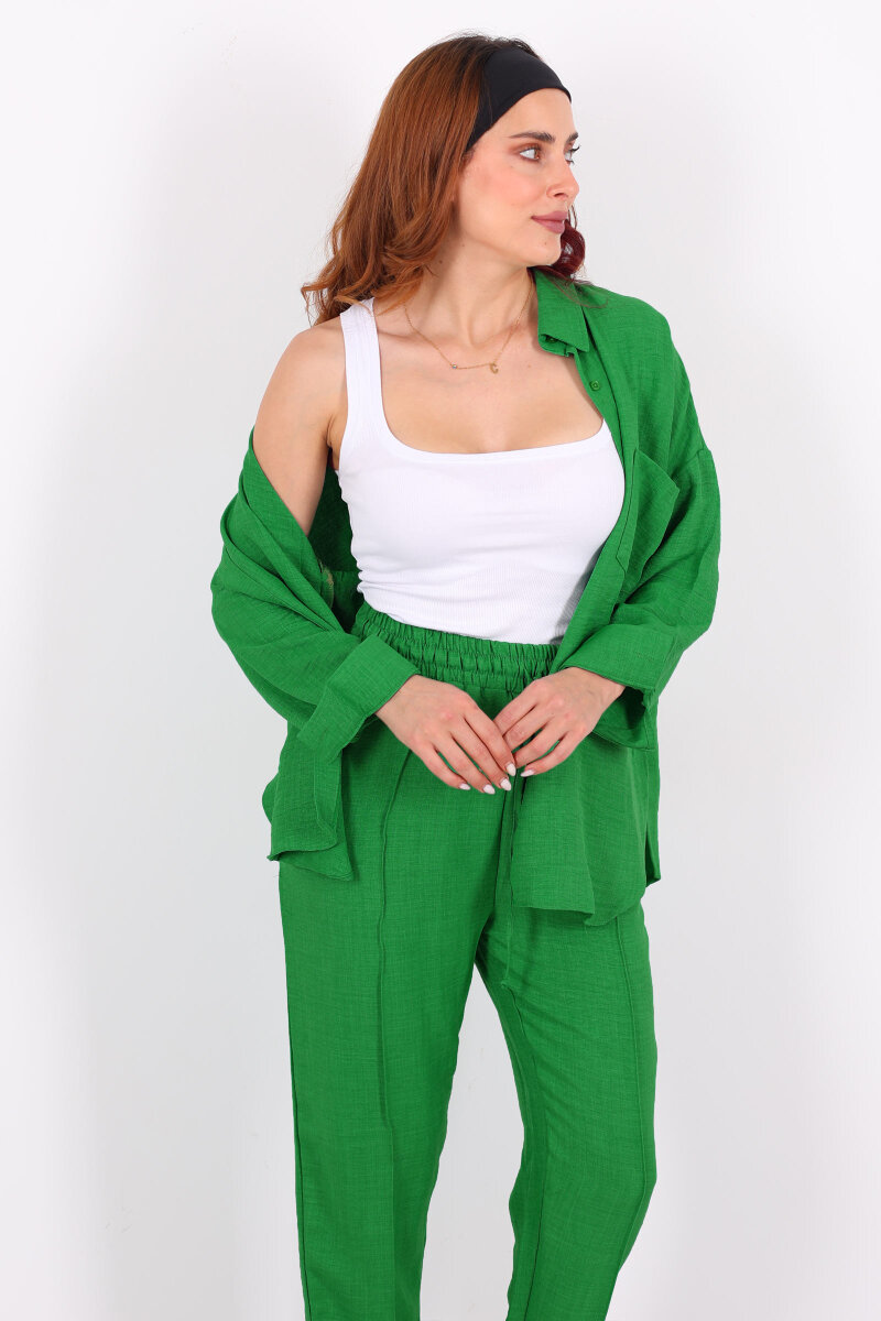 Önü Çimalı Keten Yeşil Kadın Gömlek Takım - 5