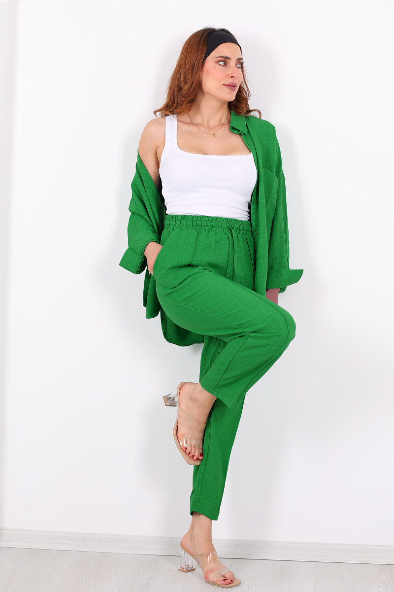 Önü Çimalı Keten Yeşil Kadın Gömlek Takım - 1