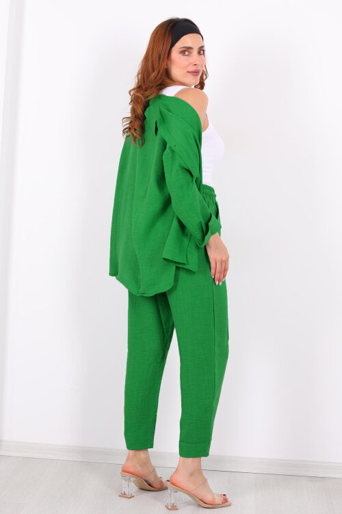 Önü Çimalı Keten Yeşil Kadın Gömlek Takım - 6