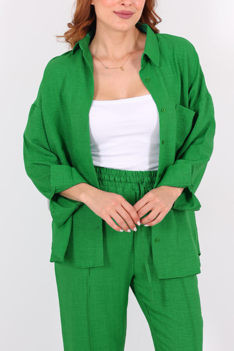 Önü Çimalı Keten Yeşil Kadın Gömlek Takım - 2