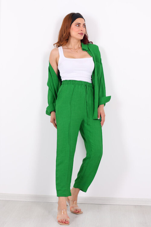 Önü Çimalı Keten Yeşil Kadın Gömlek Takım - 4