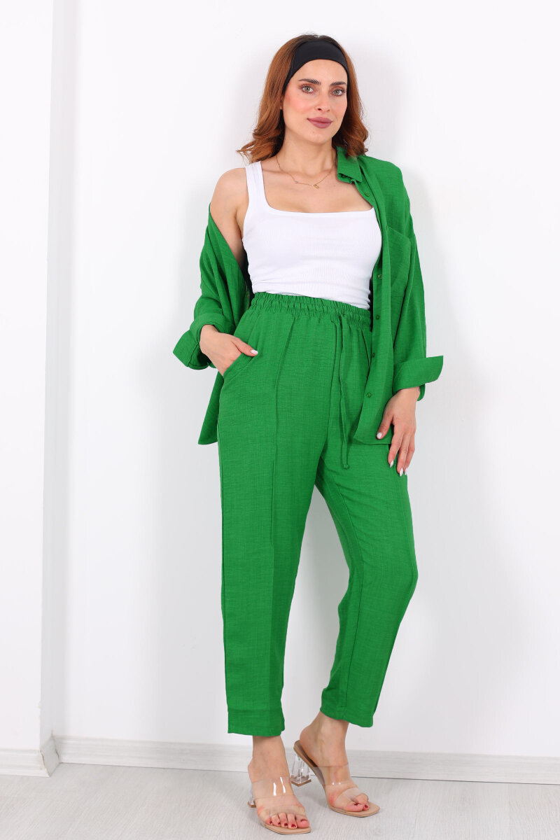 Önü Çimalı Keten Yeşil Kadın Gömlek Takım - 7