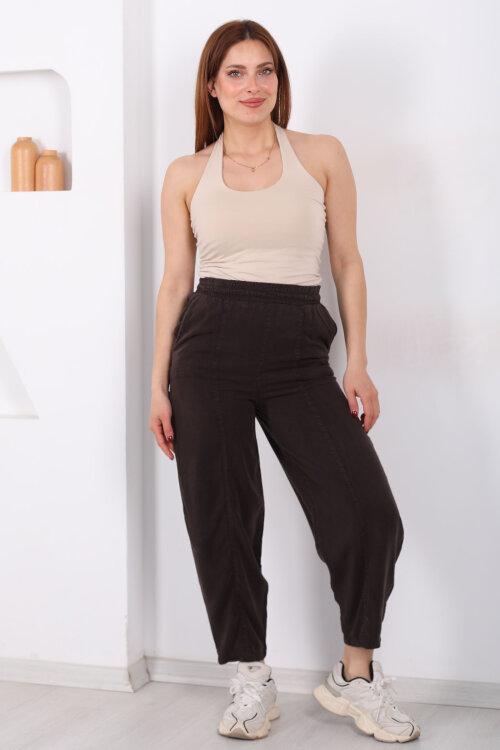 Önü Çimalı Şalvar Kesim Kadın Acı Kahve Tensel Pantolon - 4