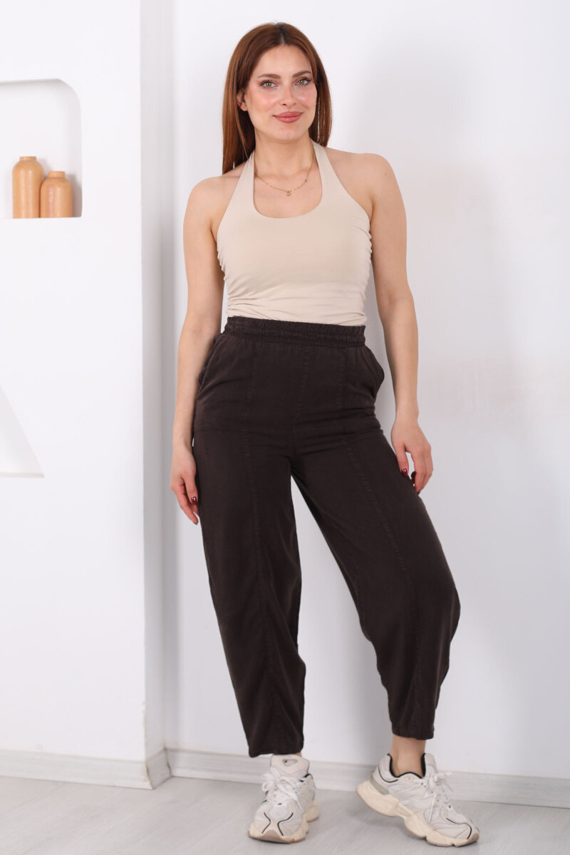 Önü Çimalı Şalvar Kesim Kadın Acı Kahve Tensel Pantolon - 4