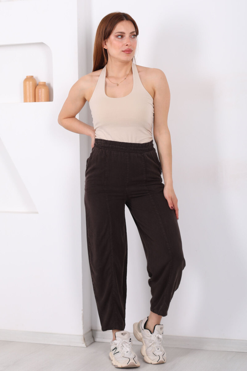 Önü Çimalı Şalvar Kesim Kadın Acı Kahve Tensel Pantolon - 1