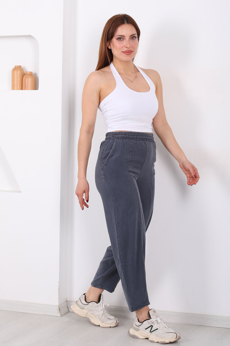 Önü Çimalı Şalvar Kesim Kadın Antrasit Tensel Pantolon - 1