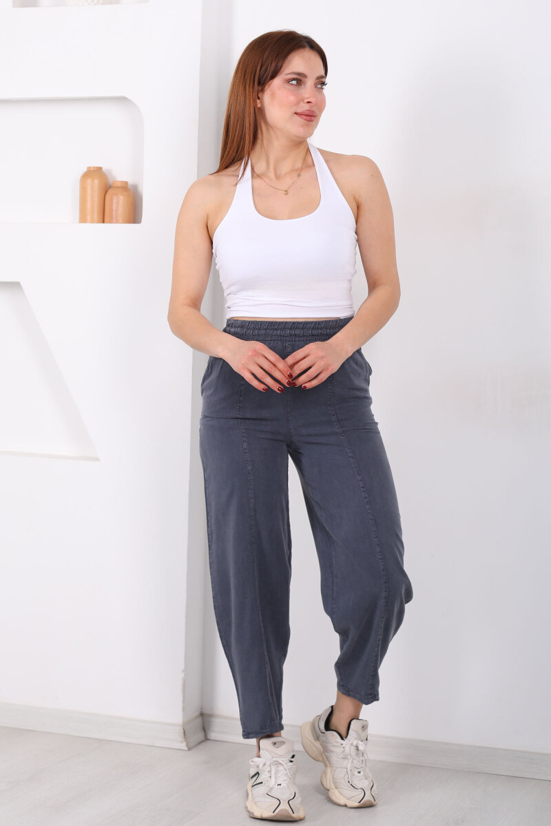 Önü Çimalı Şalvar Kesim Kadın Antrasit Tensel Pantolon - 3