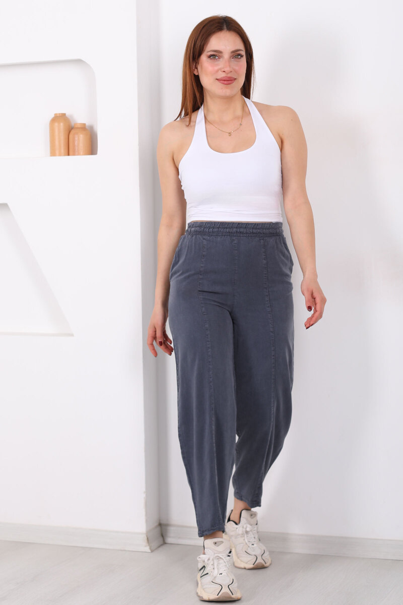 Önü Çimalı Şalvar Kesim Kadın Antrasit Tensel Pantolon - 4