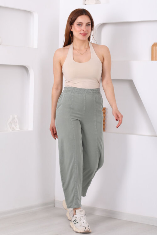 Önü Çimalı Şalvar Kesim Kadın Haki Tensel Pantolon - 4