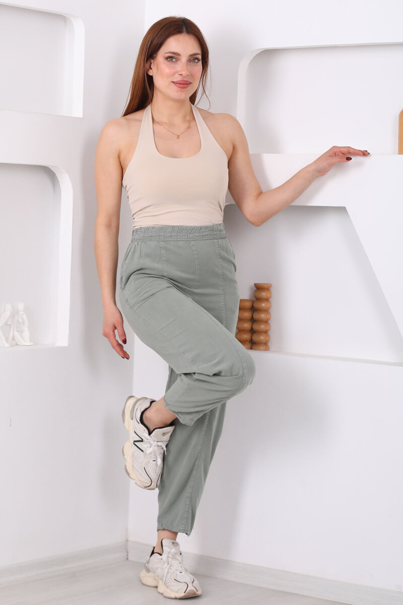Önü Çimalı Şalvar Kesim Kadın Haki Tensel Pantolon - 1