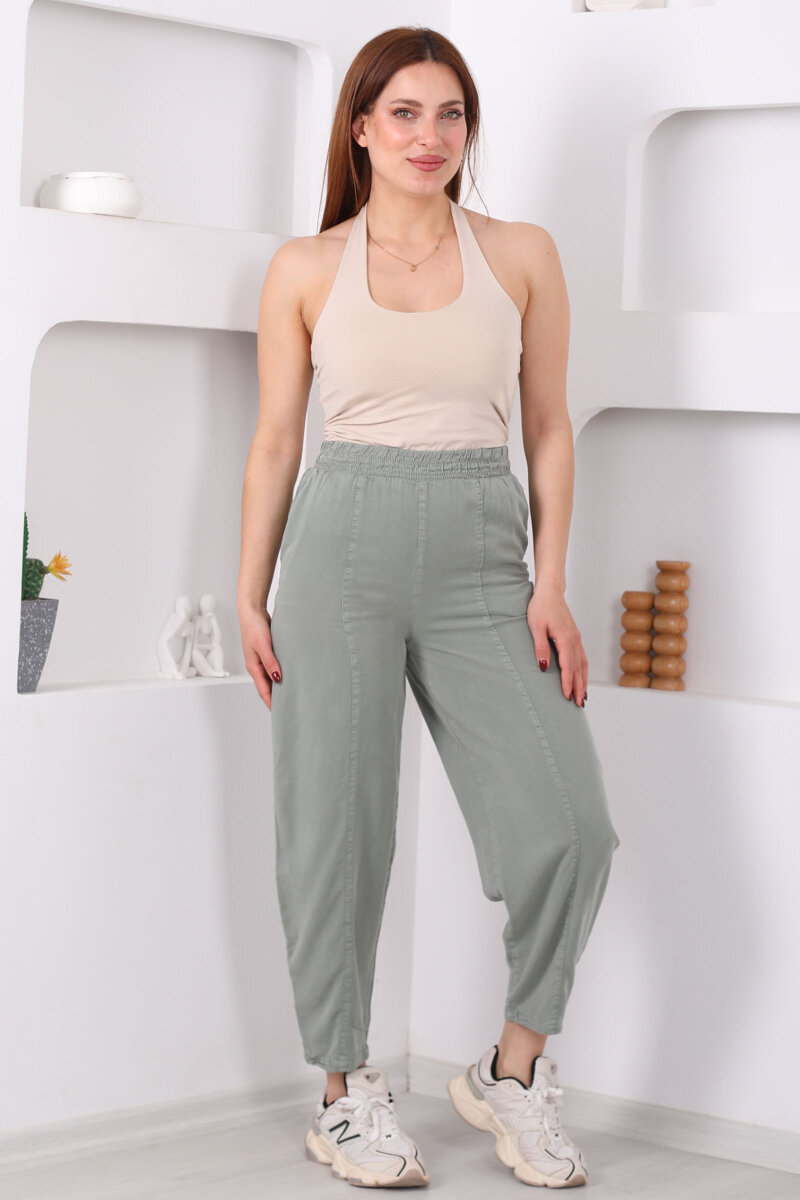 Önü Çimalı Şalvar Kesim Kadın Haki Tensel Pantolon - 6