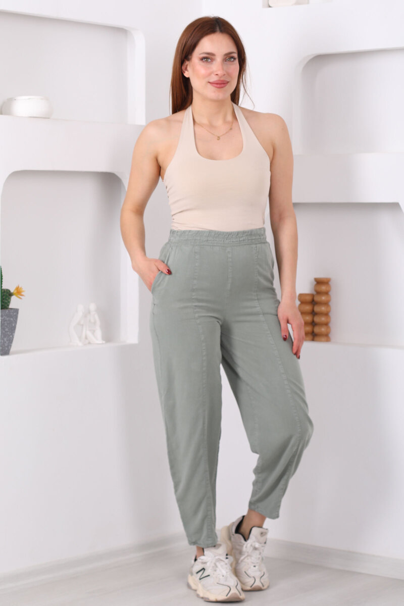 Önü Çimalı Şalvar Kesim Kadın Haki Tensel Pantolon - 3