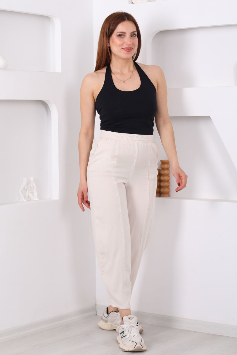 Önü Çimalı Şalvar Kesim Kadın Taş Rengi Tensel Pantolon - 6