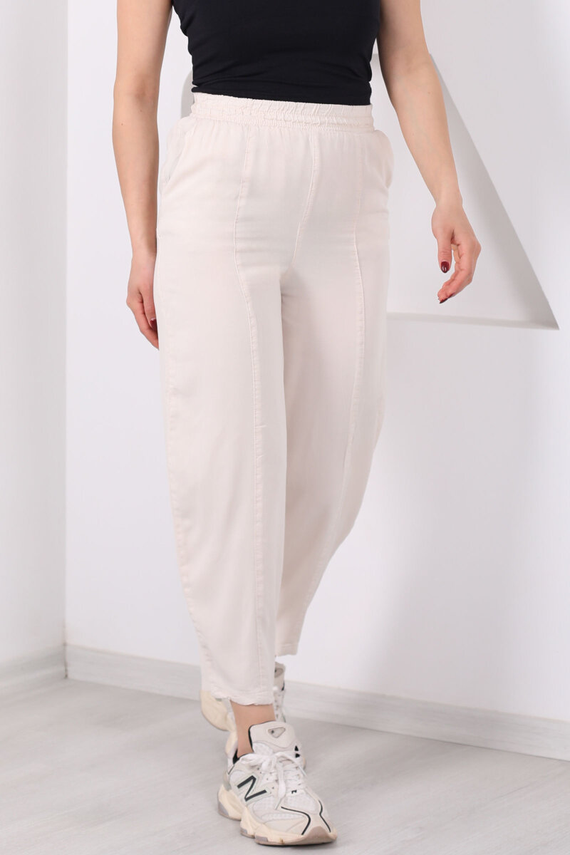 Önü Çimalı Şalvar Kesim Kadın Taş Rengi Tensel Pantolon - 2