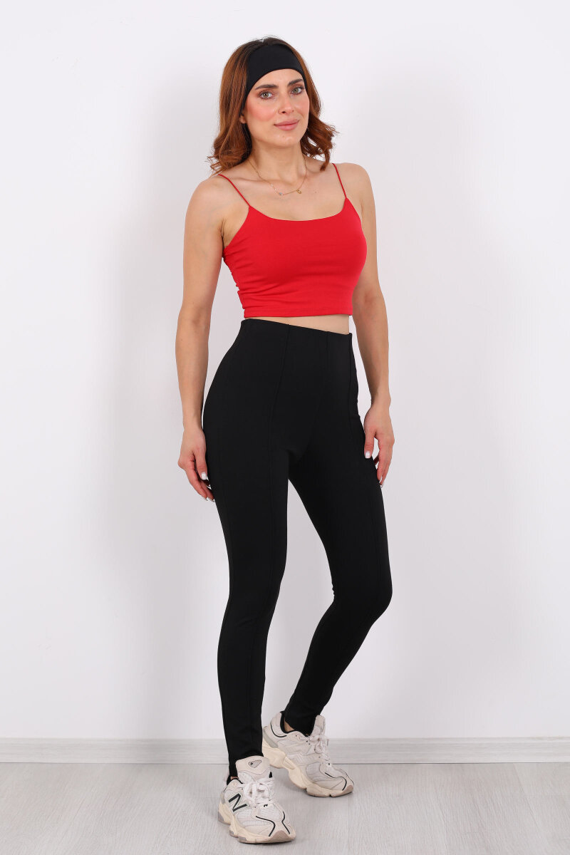 Önü Çimalı Yüksek Bel Siyah Kadın Çelik Tayt - 4