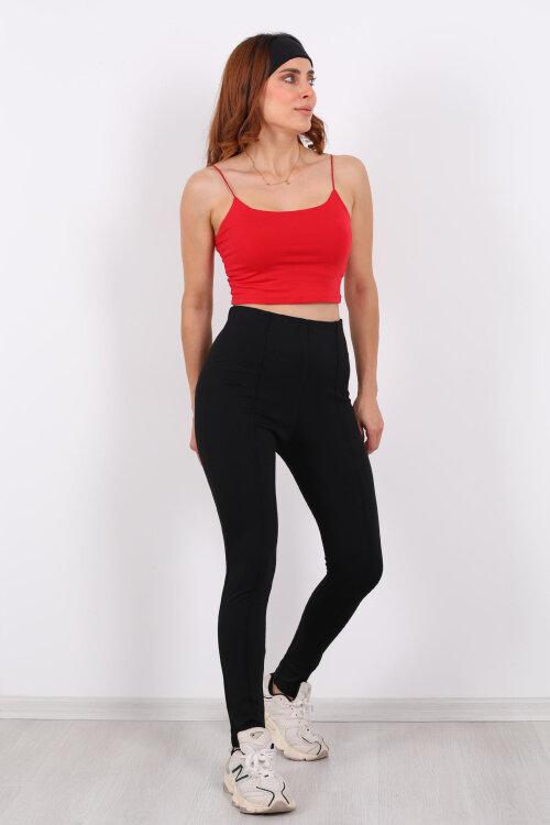 Önü Çimalı Yüksek Bel Siyah Kadın Çelik Tayt - 6