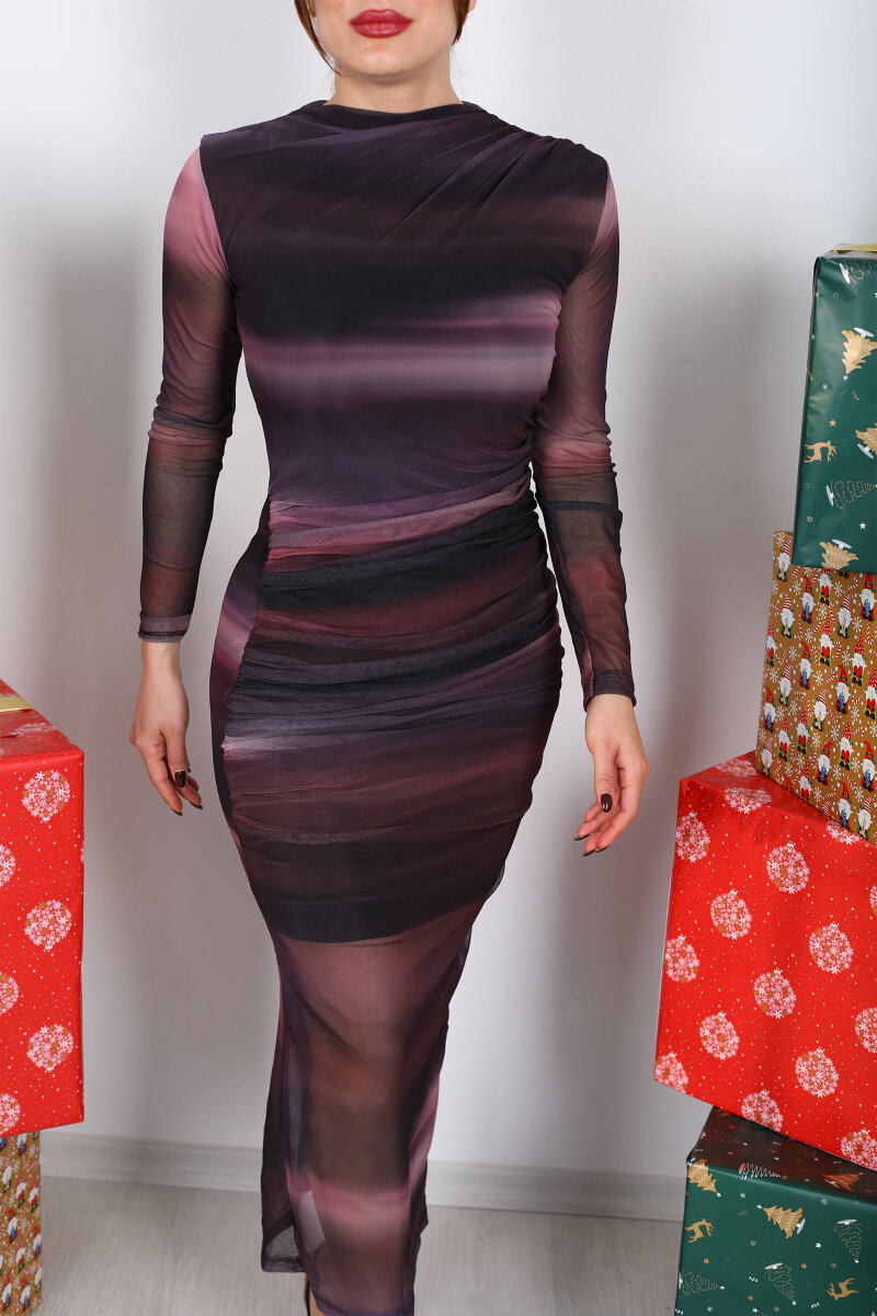 Önü Drapeli Mor Kadın Maxi Tül Elbise - 2