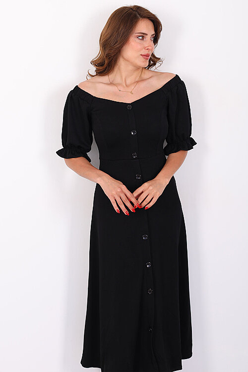 Önü Düğmeli Balon Kol Midi Siyah Kadın Elbise - Berox