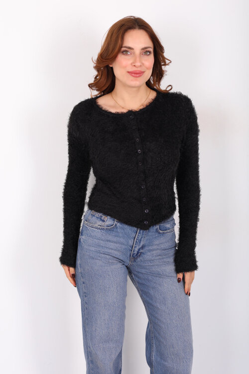 Önü Düğmeli Siyah Kadın Sakallı Hırka - 6