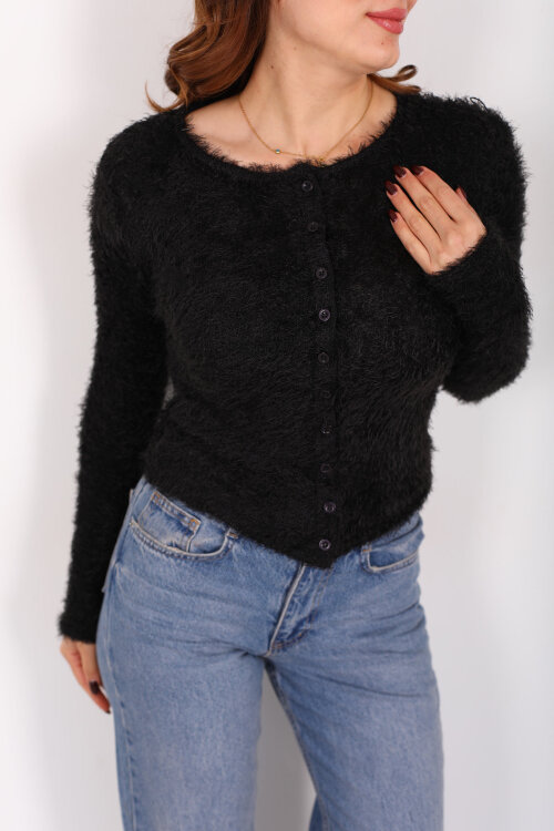 Önü Düğmeli Siyah Kadın Sakallı Hırka - Berox (1)