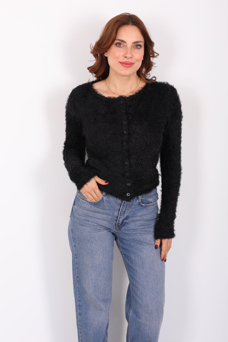 Önü Düğmeli Siyah Kadın Sakallı Hırka - 3