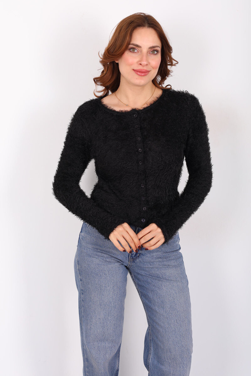 Önü Düğmeli Siyah Kadın Sakallı Hırka - 1