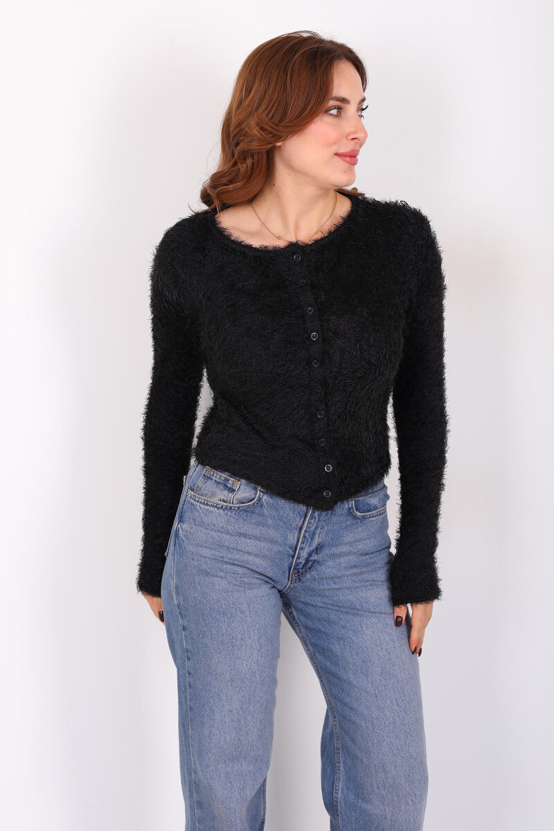 Önü Düğmeli Siyah Kadın Sakallı Hırka - 4