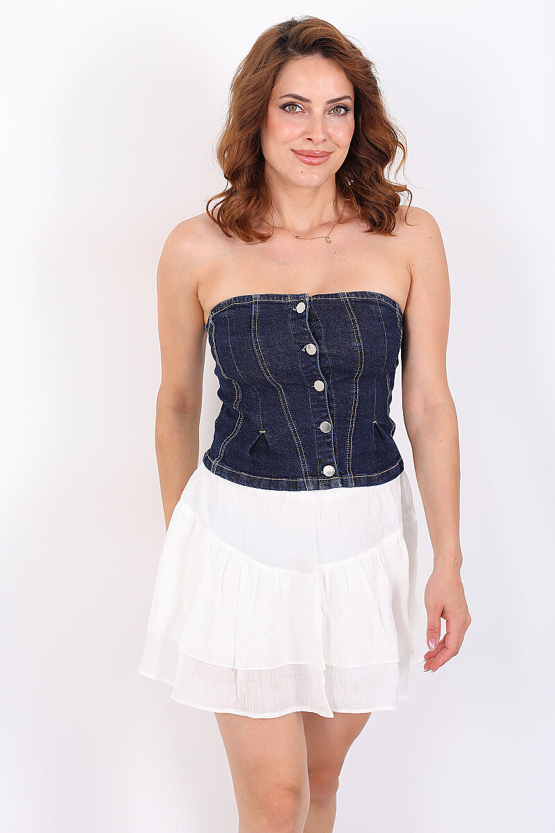 Önü Düğmeli Straplez Lacivert Kadın Denim Bluz - 5