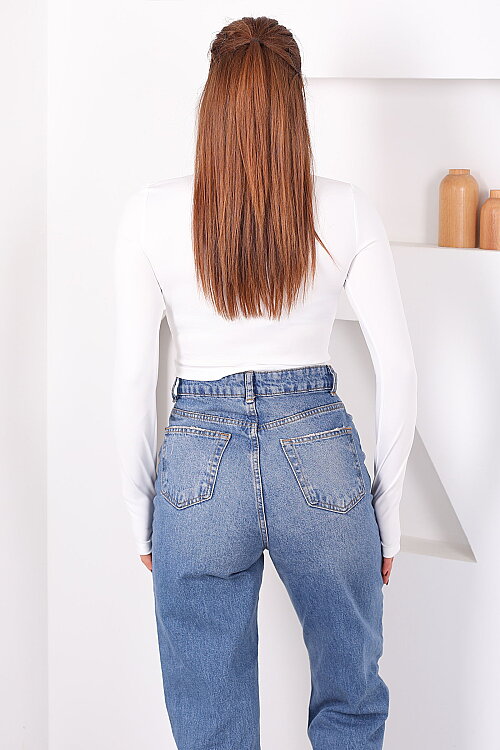 Önü Fermuarlı Parmak Geçirmeli Kadın Beyaz Slim Bluz - 4