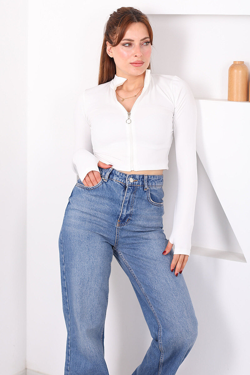Önü Fermuarlı Parmak Geçirmeli Kadın Beyaz Slim Bluz - 3