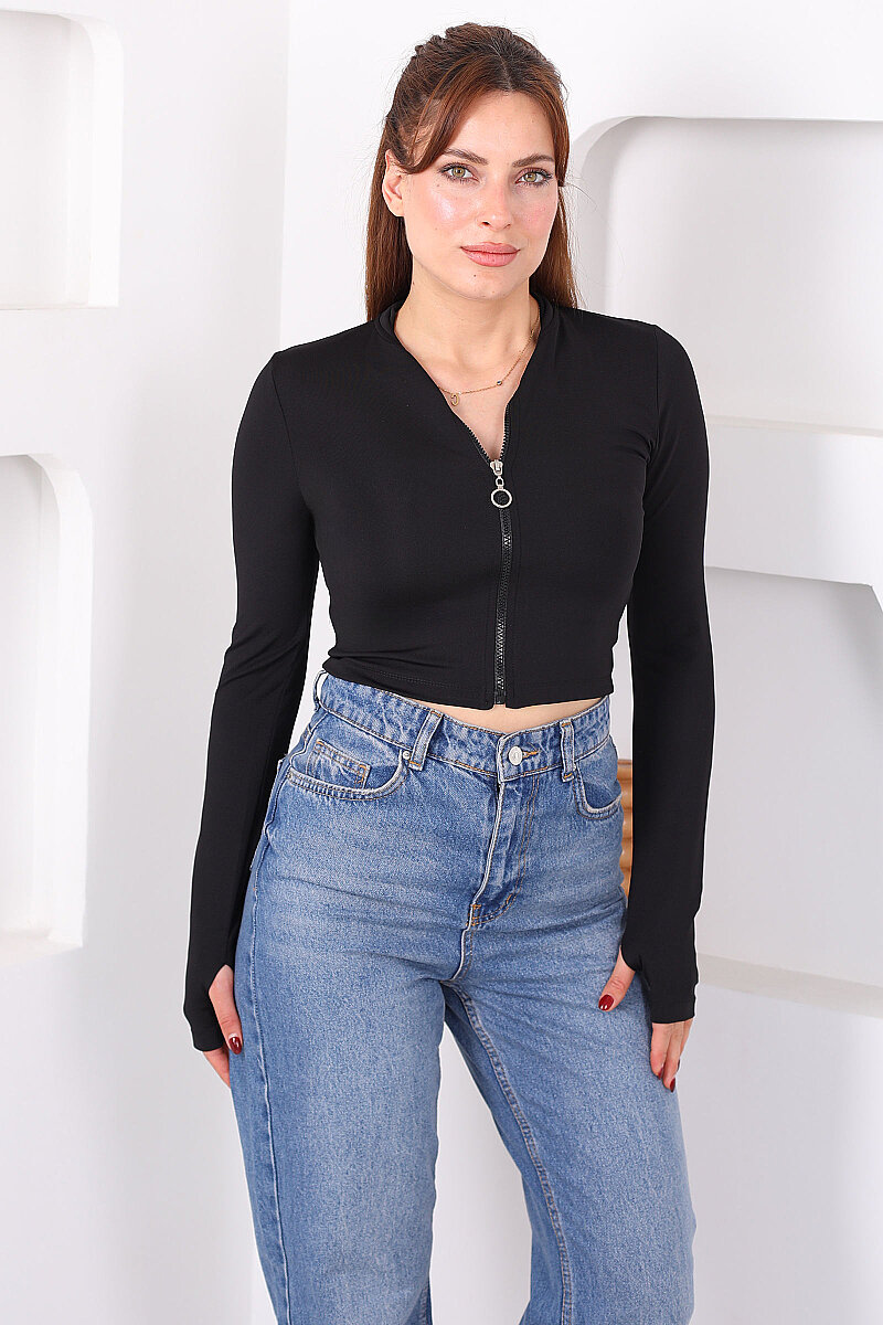 Önü Fermuarlı Parmak Geçirmeli Kadın Siyah Slim Bluz - 6