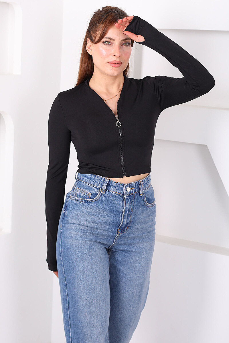 Önü Fermuarlı Parmak Geçirmeli Kadın Siyah Slim Bluz - 1